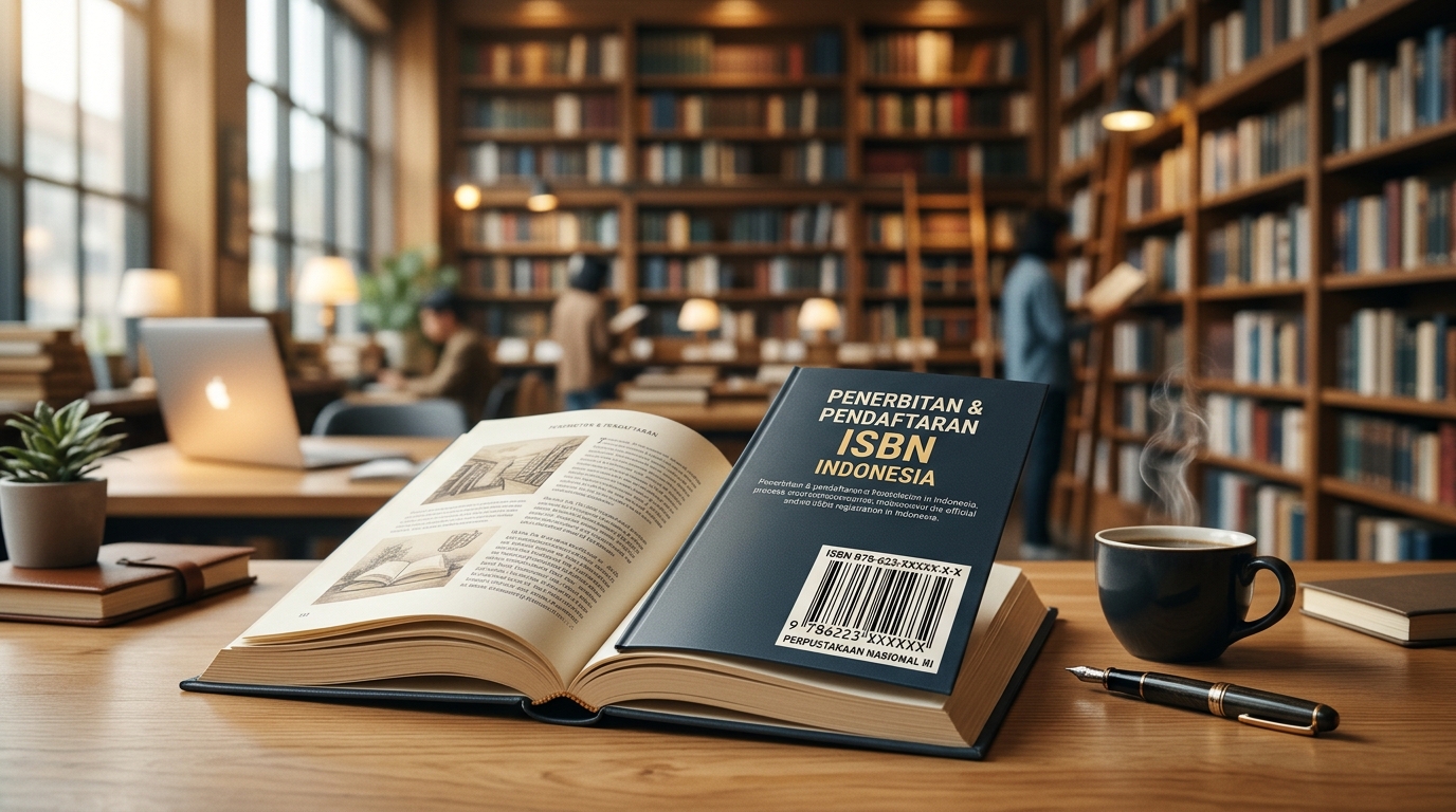 Ilustrasi buku cetak dengan barcode ISBN resmi dan meja kerja penerbitan